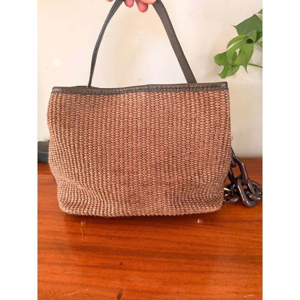 Chiara Ferretti Womens Raffia Leather Handbag Woven Brown Chain Strap Made Italy